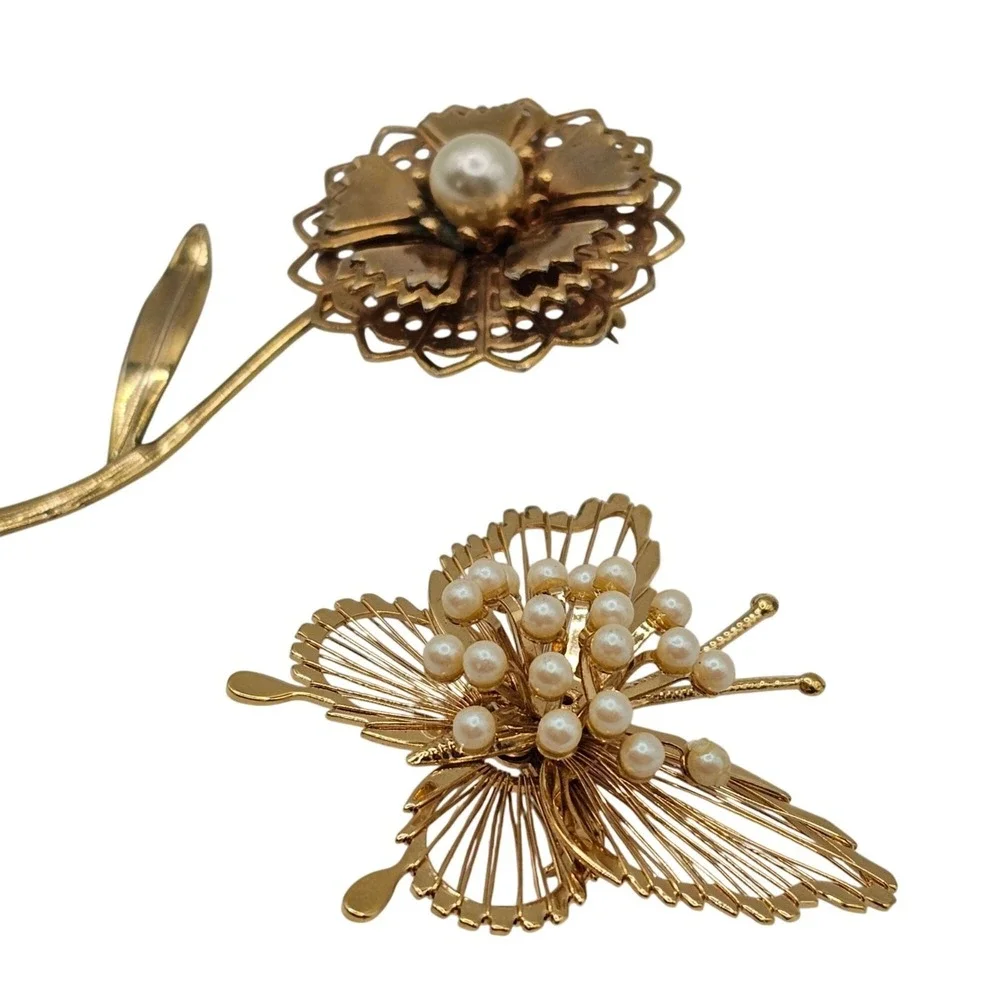 Vtg Brooch Lot 2pc Gold Tone Faux Pearl Statement 2.5